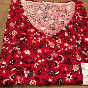 Croft & Barrow LS Vneck Tee, Red/Black floral, 1X, new w tag